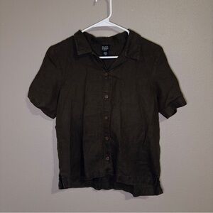 Eileen Fisher Olive Green linen short-sleeve button-up shirt.